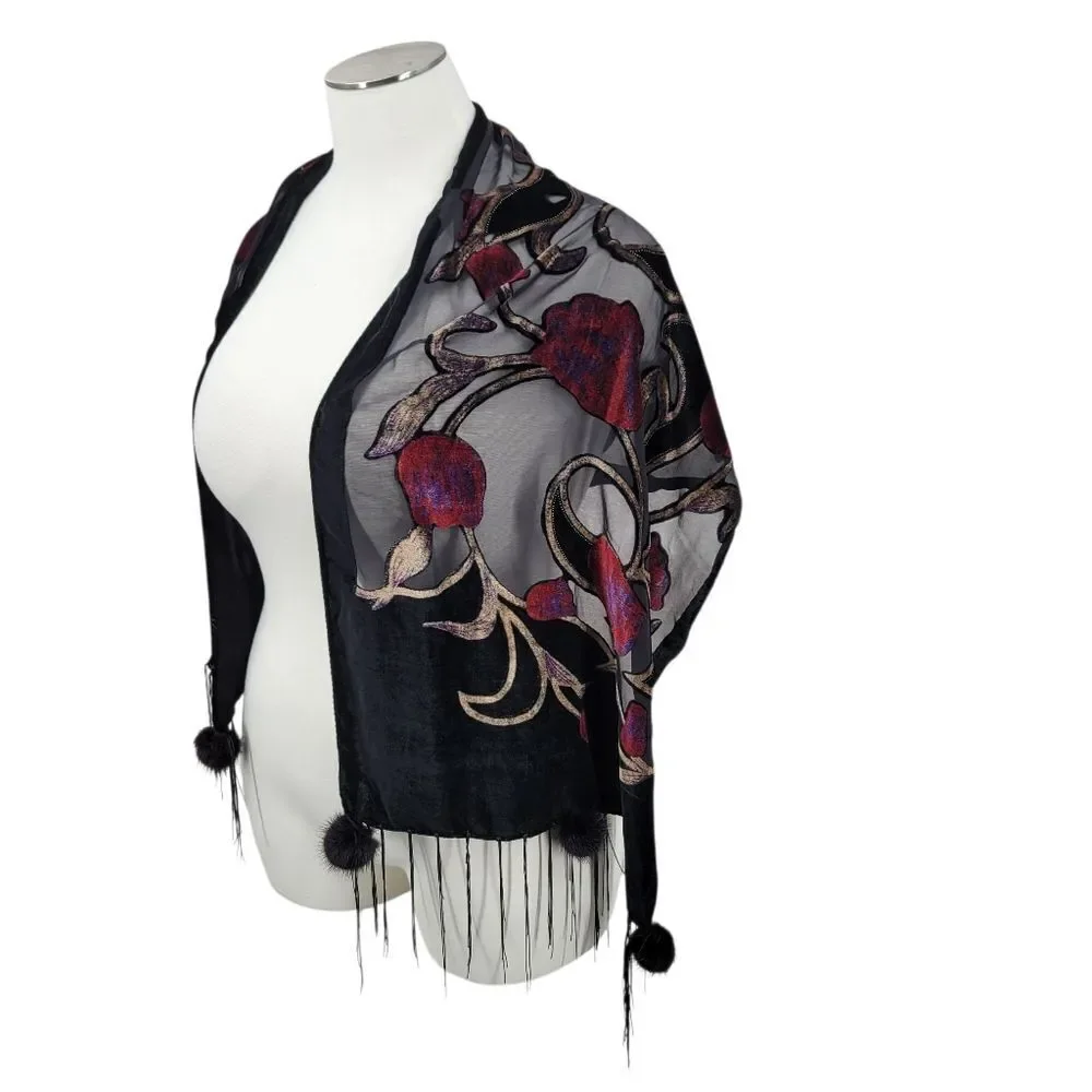 Burnout Velvet Black and Red Floral Scarf with Genuine Fur Pompoms